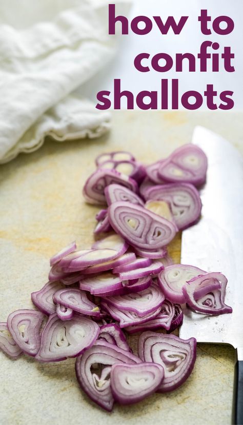 Here's an easy 2 ingredient, oven roasted poached shallot recipe. I'll show you how to make shallot confit (and garlic confit) and ways to use them in some simple ways. Turn these stinging alliums into soft, sweet oil poached shallots you can eat right from the spoon. Vegan, keto, paleo. #shallots #garlic How To Use Garlic Confit, Roasted Shallots Recipe, Garlic Confit Recipes Oven, Garlic Confit Uses, Confit Vegetables, Garlic Confit Oven, Garlic Confit Recipes, Roasted Garlic Confit, Shallot Confit