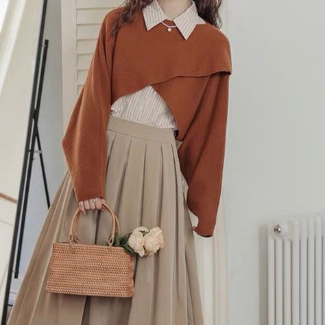 Brand New With Tags, Only Tried. Perfect For School And Fall, Contains The Shirt, Sweater And Skirt. Size: S Shirt: Bust 106cm, Shoulder Width 47.5cm, Sleeve Length 49cm Sweater: Body Length 42.5cm, Sleeve Length 64cm Skirt: Waist 68cm, Length 79cm Fall Librarian Outfit, Modern Hermione Granger Outfit, Cute Sweater And Skirt Outfits, Modern Japanese Outfit, Brown And White Aesthetic Outfit, Modest Japanese Outfits, Earth Toned Clothes, Modern Vintage Outfits Women, Academic Aesthetic Outfit