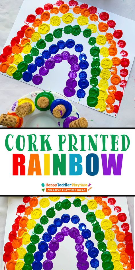 Easy Cork Printed Rainbow Craft - HAPPY TODDLER PLAYTIME Make A Rainbow Preschool, Rainbow Painting Preschool, Prek Crafts Easy Spring, Rainbow Easy Craft, Rainbow Prek Craft, Prek Rainbow Crafts, Preschool Crafts Colors, Primary Color Crafts For Preschool, Rainbow Crafts For One Year Olds