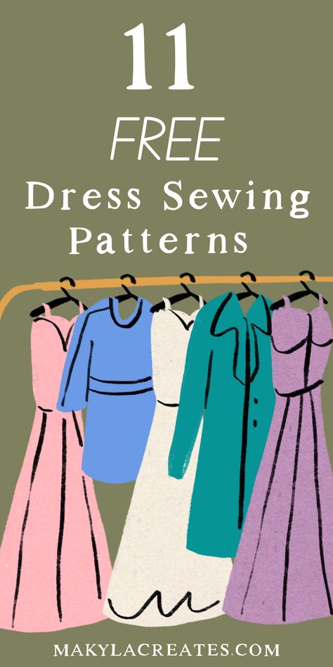 Check out my roundup of 11 free dress sewing patterns and save yourself money! Couture, Basic Clothes Sewing Patterns, Simple Vintage Dress Pattern, Easy Pattern Sewing, Sewing A Line Dress, One Size Fits All Sewing Patterns, Diy Silk Dress Free Pattern, Sewn Dress Pattern, Strapless Dress Pattern Free