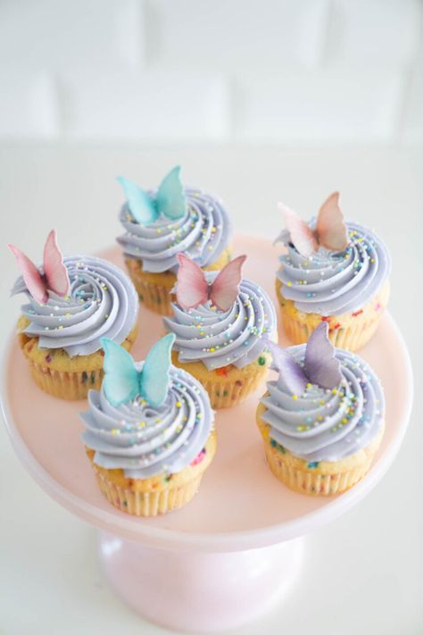 Butterfly Themed Funfetti Cupcakes with Purple Frosting and Rainbow Pearls