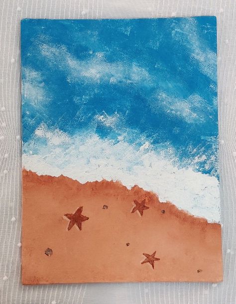 Canvas Beach Painting Easy, Beach Drawing Acrylic, Canvas Painting Ideas Beach Easy, Sponge Effect Painting, Ocean Simple Painting, Drawing Beach Easy, Simple Ocean Paintings For Beginners, Beach Simple Painting, Easy Seascape Painting