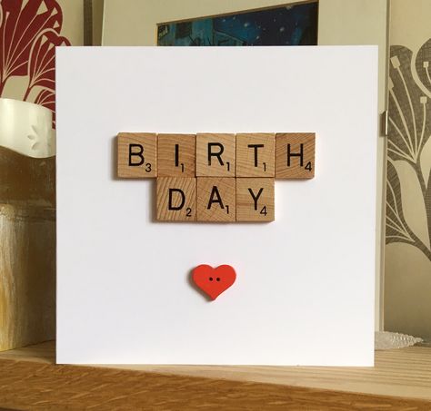 Birthday scrabble card. 6x6 in size. Handmade Birthday Cards, Scrabble Cards, Diy Birthday Gifts For Friends, Simple Cards Handmade, Scrabble Letters, Card Idea, Beautiful Handmade Cards, Diy Birthday Gifts, Diy Birthday