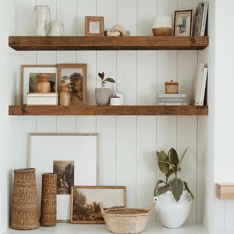 Each set includes two 36 inches long floating shelves, designed to enhance both the style and functionality of your bathroom space. The generous dimensions of 36 x 9 inches provide ample surface area for organizing and displaying your bathroom essentials. Crafted in a warm Rustic Brown finish Rustic Shelf Decor Living Room, Metal Basket Decor, Long Floating Shelf, Large Wall Shelves, Wooden Bathroom Shelves, Shelf For Wall, Long Floating Shelves, Black Floating Shelves, Floating Shelf Decor