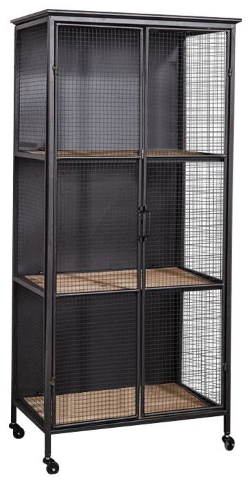Black Industrial Metal Display Cabinet - Industrial - Display Cabinets & Dressers - by Melody Maison | Houzz IE Display Cabinets, Black Iron Cabinet, Metal Display Cabinet, Wooden Shelving, Iron Cabinet, Industrial Display, Black Industrial, Metal Display, Retro Industrial