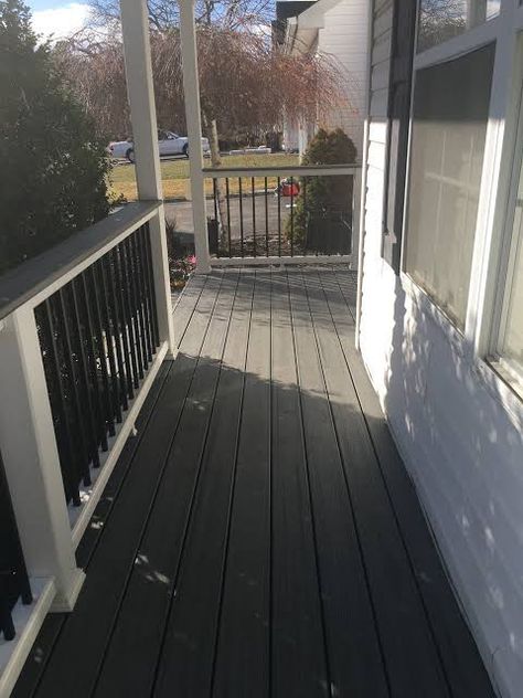 Small Wood Front Porch Ideas, Styling A Long Front Porch, Front Porch Bannister Ideas, Small Front Porch Construction Ideas, Small Porches Ideas Entrance, Small Trex Front Porch Ideas, Front Deck Makeover, Trek Front Porch Ideas, Front Porch Peak Ideas