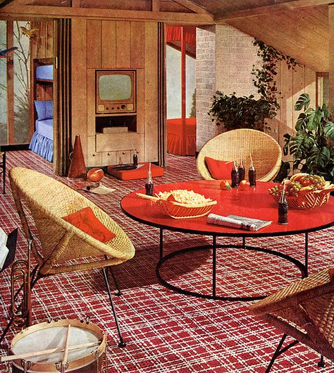 In just the right colors, a rug like this would be perfect in the living room with the weird green couch. Mid-century Interior, 50s Interior Design, 1950s Interior Design, 50s Interior, 1950s Interior, 60s Interior, Retro Rooms, Mid Century Modern Interior Design, Retro Interior Design