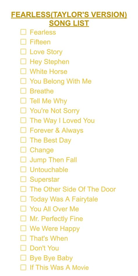 taylor swift fearless album song list Taylor Swift Eras Tour Songs List, Fearless Taylor Swift Tracklist, Taylor Swift Fearless Songs List, Fearless Taylor Swift Song List, Taylor Swift Album Songs List, Taylor Swift Albums And Songs, Taylor Swift Album Song List, List Of All Taylor Swift Songs, Taylor Swift Song Checklist
