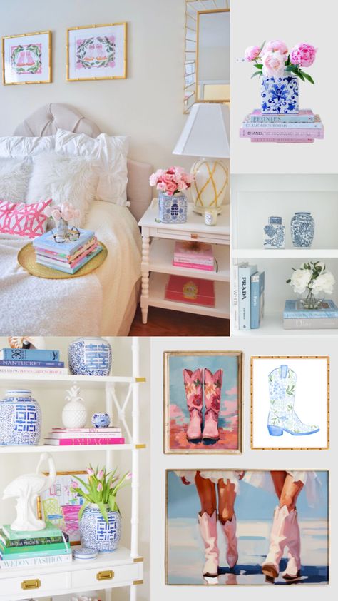 Charleston Dorm Room, College Bathroom Inspiration, Pink Blue Room Aesthetic, One Person Dorm Room Ideas, College Apartment Bedroom Decor Ideas, Anthropologie Dorm, Simple Preppy Bedroom, Love Shack Fancy Room Decor, Bedroom Inspirations Preppy