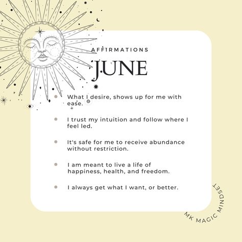 Here are your affirmations for June! Which one(s) will you be focusing on this month? #mkmagicmindset #affirmationsoftheday #affirmationoftheday #monthlyaffirmation #affirmationpositive #positiveaffirmations June Positive Affirmations, New Month Affirmations June, End Of The Month Affirmations, Monthly Intentions Ideas, June Manifestation, June Intentions, August Affirmations, July Affirmations, June Affirmations