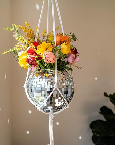 Disco Hanging Planter, Disco Ball In Plant Hanger, Macrame Plant Hanger Disco Ball, Hanging Plants Disco Ball, Boho Decor Colorful, Mirror Plants Wall, Hanging Room Decorations, Plant Disco Ball, Statement Room Decor