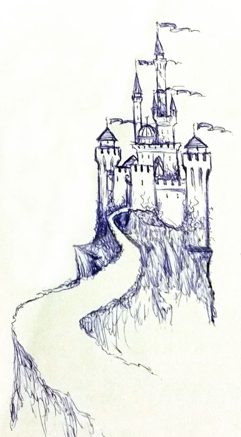 Castle On Hill Drawing, Enchanted Castle Drawing, Castle In The Distance Drawing, Drawing Castle Easy, Sketch Of Castle, Easy Castle Sketch, Castle Landscape Drawing, Fairy Tale Castle Illustration, Fairy Castle Illustration