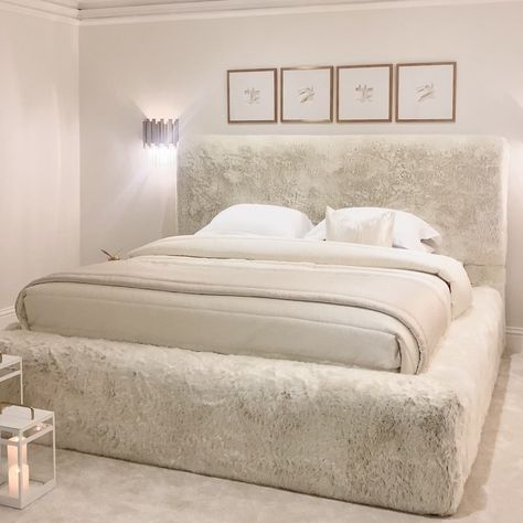 Luxurious Bed Frame, Guest Bed And Bath Ideas, Faux Fur Headboard, Fuzzy Bed Frame, Soft Bed Frames, Fluffy Bed Frame, Sherpa Bed Frame, Fur Headboard, Fluffy Headboard