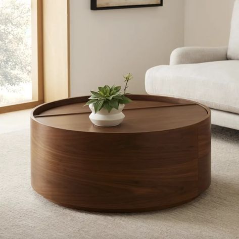 A Place to Store Blankets: West Elm Volume Round Storage Coffee Table Room And Board Coffee Table, Round Wooden Coffee Table With Storage, Walnut Coffee Table With Storage, West Elm Round Coffee Table, Wood Storage Coffee Table, Storage Coffee Table Round, Drum Coffee Table With Storage, West Elm Coffee Table Round, Modern Storage Coffee Table