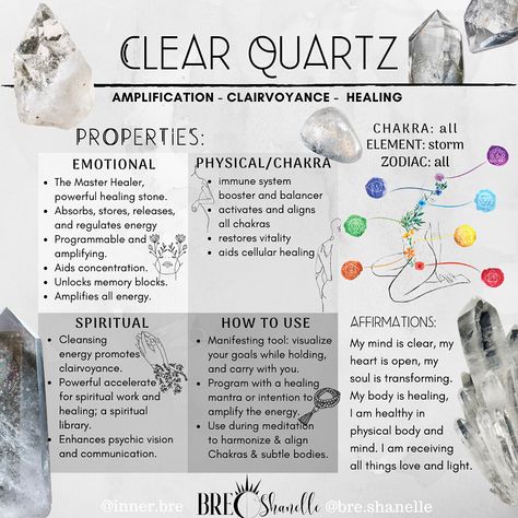 Everything you need to know about Clear Quartz. #clearquartz #clearquartzproperties #crystals #crystalmeaning #quartzmeaning #crystalinfo #affirmations White Crystals Meaning, Crystals For Clarity And Truth, Clear Quartz Crystal How To Use, Clear Quartz Crystal Affirmation, Clear Quartz Healing Properties, Clear Stones Crystal Healing, Crystals Clear Quartz, Clear Quartz Witchcraft, Clear Crystals Meaning