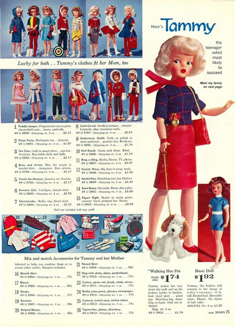 A selection of clothing for Tammy dolls by Ideal, including the full range of debut fashions, mix and match "pak" accessories, and the initial $1.92 basic Tammy doll (with hair color chosen at random by the dispatching factory), from that year's Sears Christmas Wish Book, United States, 1963, published by Sears, Roebuck & Co. Vintage Tammy Doll, Tammy Doll Clothes, Outfits Mom, Tammy Doll, Sindy Doll, Christmas Wish, Doll Family, Toys Dolls, Big Head