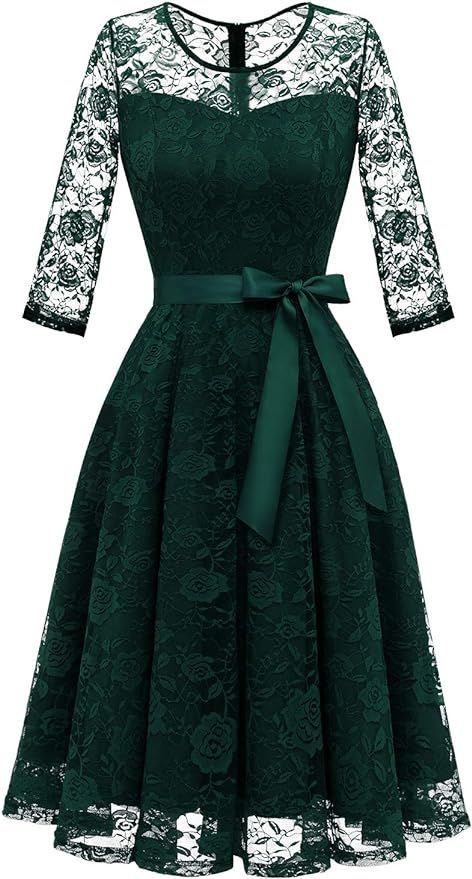 Elegant Christmas Party Dress Women's Floral Lace Dress Short Bridesmaid Dresses with Sheer Neckline Bridesmaid Midi Dresses, Vintage Style Bridesmaid Dresses, Illusion Neckline Dress, Lace Frocks, Lace Dress Short, Lace Dress Classy, Green Dress Outfit, Lace Chiffon Bridesmaid Dress, Midi Bridesmaid Dress