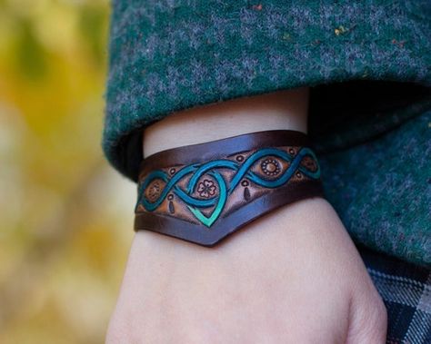 Celtic Leather Bracelet Ladies Bracelet With Triskel and | Etsy Leather Braclet, Cuff Bracelets Diy, Blacksmith Hammer, Celtic Knot Bracelet, Leather Working Projects, Fantasy Outfits, Celtic Bracelet, Diy Leather Bracelet, Leather Wristband