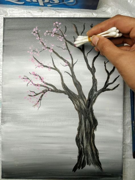 Painting A Tree, Cherry Blossom Painting Acrylic, Tre Kunst, Cherry Blossom Painting, Cherry Blossom Art, Canvas Painting Tutorials, Easy Canvas Painting, Cotton Swabs, Blossoms Art