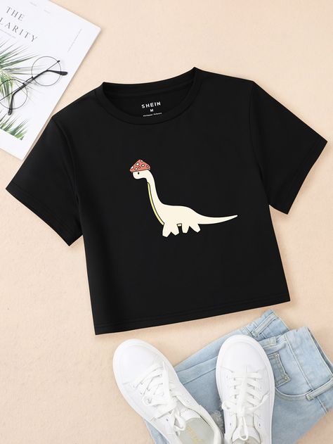 Black Casual  Short Sleeve Polyester Dinosaur  Embellished Slight Stretch Summer Women Tops, Blouses & Tee Cute Dinosaur Outfit, Dinosaur Clothes Women, Dinosaur Clothes, Fabric Dinosaur, Dinosaur Tee, Dino Shirt, Dinosaur Outfit, Grafic Tees, Dinosaur Shirt