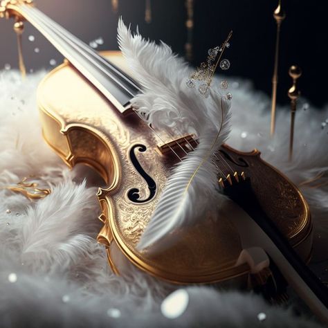 M. Hultink on Instagram: "The elegant beauty of the violins: white and gold surrounded by feathers . The elegant beauty of the violins is unmistakable in this beautiful gallery. The violins are made of shiny, white and gold colors, surrounded by delicate feathers. These beautiful instruments exude a soothing and refined atmosphere, inviting you to enjoy their musical appeal. Be enchanted by these elegant violins and let your senses be enchanted. . . . #aiart #aigenerated #aicreation #midjourney Fantasy Violin Design, Fantasy Violin, White Violin, Beautiful Violin, Gold Violin, White Heaven, Beautiful Instruments, Violin Instrument, Violin Design