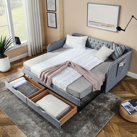 PRICES MAY VARY. 😍 Twin to King Extendable Design: Do you want more sleeping space but don't want to take up too much space? Then this Twin to King design bed frame is a great solution to that worry. Sleek rolling wheels allow this upholstered bed to easily expand from a twin size to a king size daybed for everyday use, as well as providing a place for guests to sleep when they arrive. 😍 Two Storage Drawers & a Pocket: Our twin daybed comes with two large capacity drawers for extra storage spa Day Bed With Storage, Daybed With Drawers, Day Bed Frame, Full Size Daybed, Sofa Bed Frame, Twin Daybed, Daybed With Storage, Design Bed, Wood Daybed