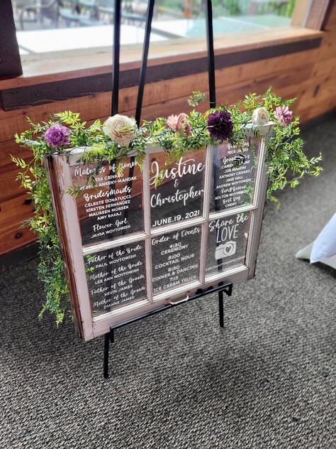 Window pane wedding program, floor easel from Home Goods Wedding Sign Easel Diy, Windows For Wedding Decor, Window Pane Welcome Sign Wedding, Antique Windows Wedding Decor, Wedding Old Window Ideas, Window Frame Wedding Decor, Wedding Window Pane Ideas, Window Pane Wedding Decor, Window Wedding Sign