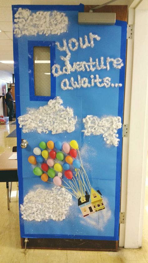 Your adventure awaits... I'm so in love with my classroom door for my Up themed classroom! I wish I had made the house 3D, but other than that it turned out exactly like I envisioned it. Disney Pixar's Up is one of my favorites! Disney Up Door Decoration, Up Themed Classroom Door, Dream Big Classroom Door Ideas, Up Theme Door Decoration, Pixar Door Decorations, Up Door Decoration, Disney Doors Classroom, Up Theme Classroom Door, Disney School Door Decorations