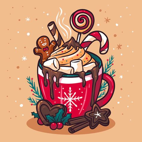 Cartoon Hot Chocolate, Christmas Coffee Drawing, Xmas Art Ideas, Cute Christmas Art Aesthetic, Christmas Drink Drawing, Christmas Hot Chocolate Drawing, Christmas Drawing Inspiration, Christmas Drawing Procreate, Hot Coco Drawing