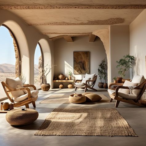 Earthy Desert Home, Marrakech Living Room, Minimal Bohemian Interior, Ancient Modern Home, Tuscan Modern Home, Modern Tuscan Interior Design, Earthy Natural Living Room, Organic Shapes Interior Design, Microcement And Wood