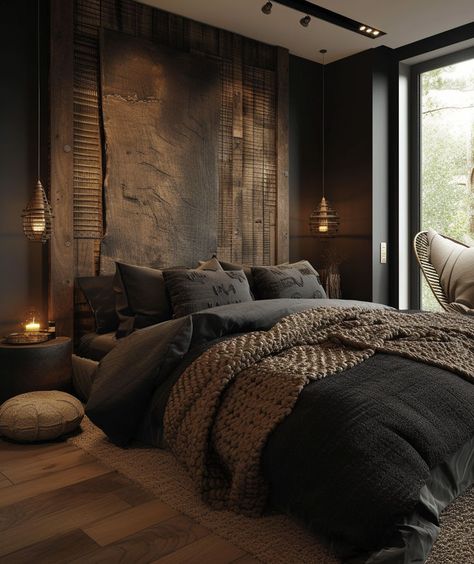 Eco friendly rustic bedroom featuring upcycled furniture pieces Men’s Bedroom Color Scheme, Masculine Bedroom Furniture, Modern Male Bedrooms, Mens Bedroom Colors, Dark Bedroom Aesthetic, Dark And Moody Bedroom, Masculine Bedroom Design, Male Bedroom, Male Bedroom Ideas