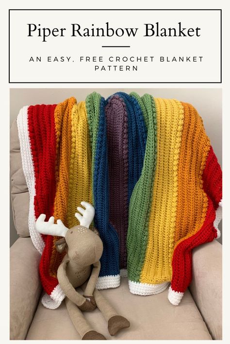 The Piper Rainbow Crochet Blanket pattern is an easy, free pattern that can be customized to fit your color preference. Using simple stitches this blanket has great texture. It's perfect for you child's bed or a great play mat. It is so soft and washable. Amigurumi Patterns, Rainbow Baby Blanket Crochet Pattern, Multi Yarn Crochet Blanket, Rainbow Shaped Crochet Blanket Pattern, Free Rainbow Blanket Crochet Patterns, Lesbian Crochet Blanket, Crochet Pride Flag Blanket, Crochet Colorful Blanket, Pride Crochet Blanket