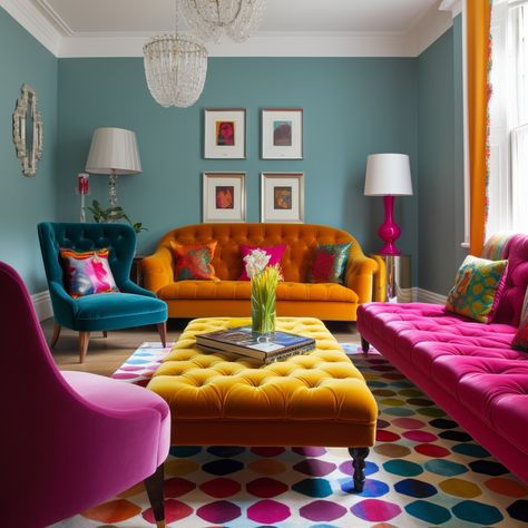 Colorful Living Room With Brown Couch, Small Living Room Bright Color Ideas, Bright Colorful Living Room Ideas Fun, Colorful Lounge Room, Colorful Minimalist Interior Design, Colors That Brighten A Room, Bright Colour Living Room Decor, Colorful Living Room Bright, Funky Interior Design