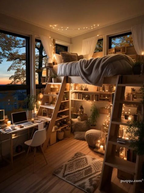 Small Loft Room Ideas, Loft Bed Ideas For Small Rooms Space Saving, Bunkbed Bedroom Ideas, Small Loft Bedroom, Loft Bed Ideas, Lofted Dorm Beds, Loft Beds For Small Rooms, A Loft Bed, Dream Bedroom Inspiration