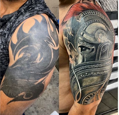 Spartan tattoo Spartan Tattoo Shoulder, Shoulder Cover Up Tattoos Men, Cover Up Tattoo Arm, Spartan Tattoo Sleeve, Coverup Tattoo Ideas For Men Arm, Best Cover Up Tattoos For Men, Spartan Tattoo Design, Spartan Tattoos, Shoulder Cover Up Tattoos