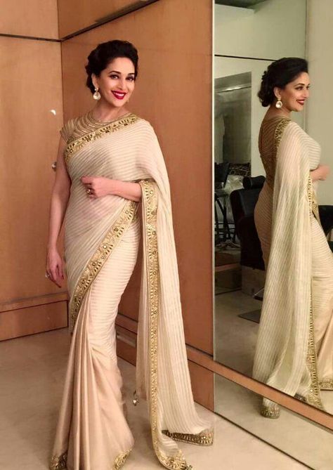 Evening Saree, Madhuri Dixit Saree, माधुरी दीक्षित, Elegant Sarees, Ethinic Wear, Golden Saree, Banaras Sarees, Saree Bollywood, Beautiful Sarees