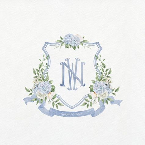 Hydrangea Wedding Crest, Wedding Crest Monogram Logo Ideas, Wedding Invitation Crest, Wedding Crest Ideas, Watercolor Wedding Crest, Blue And White Hydrangea Wedding, Blue Hydrangea Watercolor, Wedding Crests, Blue And White Hydrangea