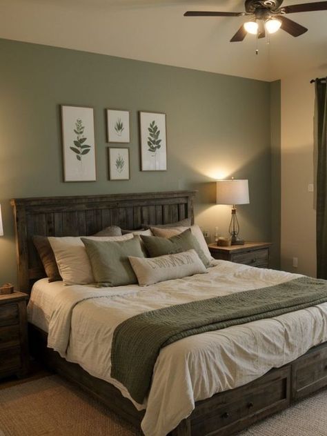 23 Sage Green Bedroom Ideas To Recreate This Year Sage Green Guest Bedroom Ideas, Sage And Linen Bedroom, Wood Decor For Bedroom, Bedroom Ideas Aesthetic Sage Green, Sage And Dark Brown Bedroom, Sage Guest Bedroom Ideas, Painted Green Bedroom, Modern Ranch Style Decor, Sage Green Gray And Beige Bedroom