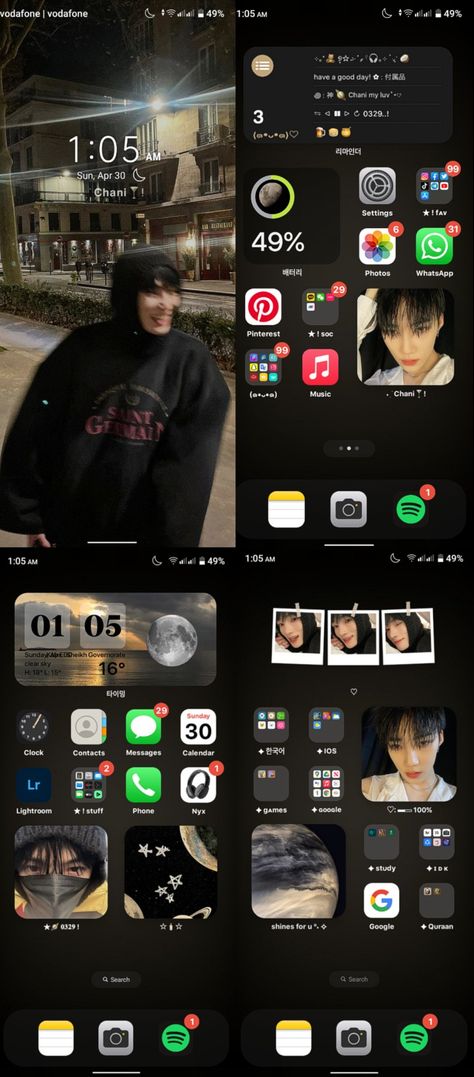 Iphone Aesthetic Home Screen Ideas, Custom Phone Screen Ideas, Boyfriend Homescreen Ideas, Kpop Homescreen Layout Android, Iphone Apps Layout, Ios Theme Kpop, Iphone Costumization Ideas, Kpop Homescreen Layout Dark, Iphone Display Ideas