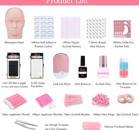 Lash Eyelash Extension Kit, Professional Mannequin Head Eyelash Grafting Training Tools False Eyelash Extensions Practice Exercise Set for Beginners with Individual Lashes Glue Tweezers Lash Fan Dryer Lash Extension Training Kit, Eyelash Extensions Sets, Learn Lash Extensions, Lash Kit Eyelash Extensions, Lash Starter Kit, Eyelash Extension Set Up, Beginner Lash Tech Supplies List, Lash Tech Practice, Lash Kit Ideas