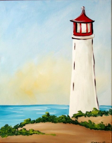 Painting Ideas For Beginners, Lighthouse Painting, Lighthouse Art, Easy Canvas Painting, Acrylic Painting For Beginners, Canvas Painting Diy, Simple Acrylic Paintings, Lukisan Cat Air, Night Painting