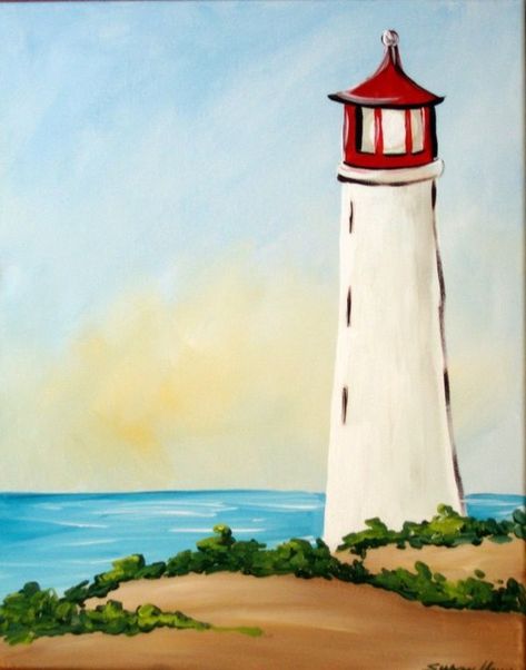 Lighthouse Drawing, Painting Ideas For Beginners, Lighthouse Painting, Lighthouse Art, Easy Canvas Painting, Canvas Painting Diy, Simple Acrylic Paintings, Lukisan Cat Air, Night Painting