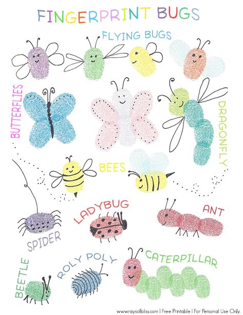 Bugs Fingerprint Art, Fun Kids Art Project. Free Printable Guide for little ones to copy or fingerprint on. From Rays of Bliss. Insect Fingerprint Art, Kid Fingerprint Art, Thumbprint Bugs Fingerprint Art, Fingerprint Art Template, Fingerprint Crafts For Toddlers, Bug Fingerprints, Camping Footprint Art, Fingerpaint Kids Ideas, Handprint Bugs