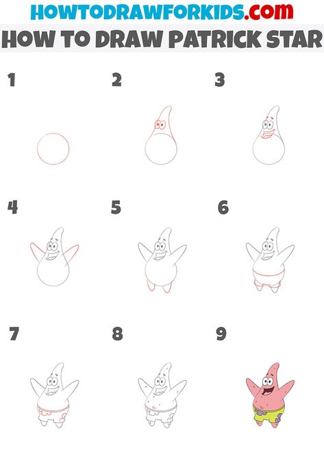 How To Draw Patrick Star Step By Step, How To Draw Patrick Star, How To Draw Spongebob Step By Step, Patrick Drawing Easy, Patrick Spongebob Drawing, Easy Drawings Step By Step Sketches, Patrick Star Drawing, Draw Patrick Star, Comic Strip Ideas