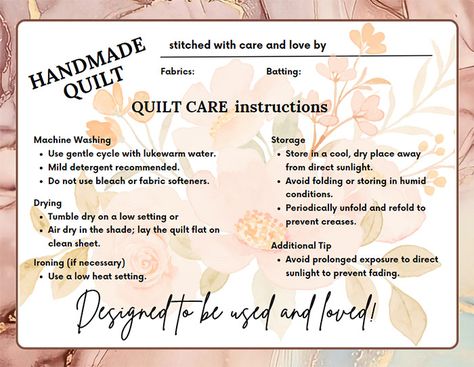 Quilt Care Instructions Printable Free, Ideas For Quilts, Quilting Tricks, Basic Quilting, Hand Pieced Quilts, Duck Baby, Basic Quilt, Pieced Quilts, Homemade Quilts