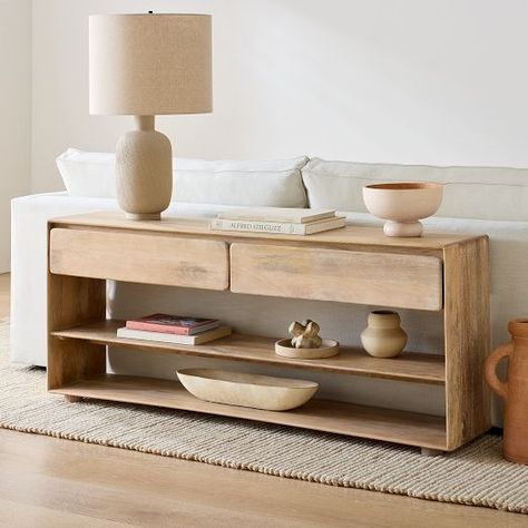 Modern Console Tables & Sofa Tables | West Elm Rustic Modern Sofa Table, Entry Tables With Storage, Console Table 60 Inch, Living Room Console Behind Couch, Entry Console With Storage, Studio Living Room Designs, Organic Modern Sofa Table, Console Tables With Storage, Minimal Coastal Interior