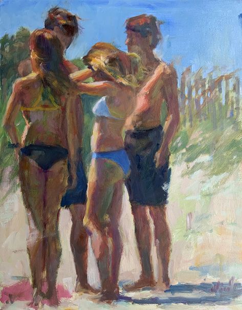 This painting 14 x 11 captures quintessential summer teens at Wrightsville Beach People Paintings, Painting Family, Beach People, Summer Scenes, Wrightsville Beach, Summer Gathering, Teen Summer, Summer Painting, Beach Friends