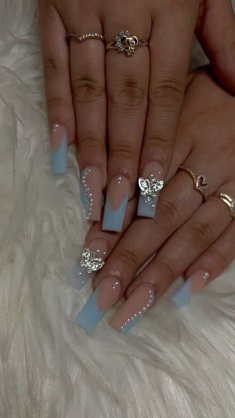 Nails W Butterfly Charms, Diamond Butterfly Nails, Acrylic Nails With Butterfly Charm, Butterfly Quince Nails, Purple Quince Nails Butterfly, Long Acrylic Nails For School, Nails With Butterflies Charm, Blue Butterfly Nails Acrylics, Butterfly Bling Nails