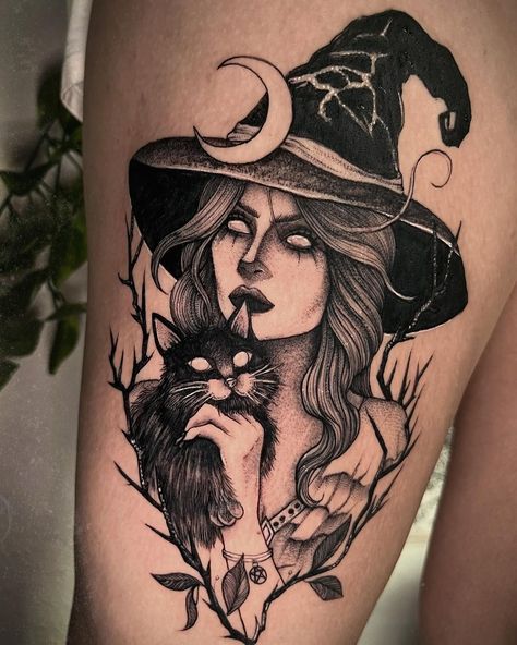 17 Witchy Tattoo Ideas for Your Next Ink - Spiritvibez Gothic Fantasy Tattoo, Oddities And Curiosities Tattoo, Pin Up Witch Tattoo, Witch Tattoos Women, Neo Traditional Tattoos Black And White, Dark Witch Tattoo, Triple Goddess Tattoo, Family Sleeve Tattoo, Wicca Tattoo