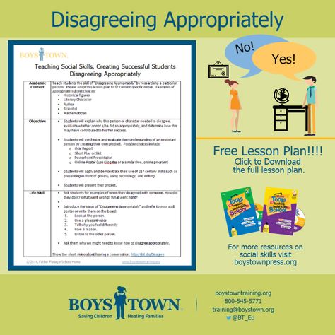 Use this Free Lesson to incorporate the social skill of Disagreeing Appropriately into your academic lessons. I boystowntraining.org Social Skills Middle School, Emotional Support Classroom, Assertiveness Skills, Group Therapy Activities, Social Skills Lessons, Lesson Activities, Boys Town, Social Emotional Activities, Sped Classroom